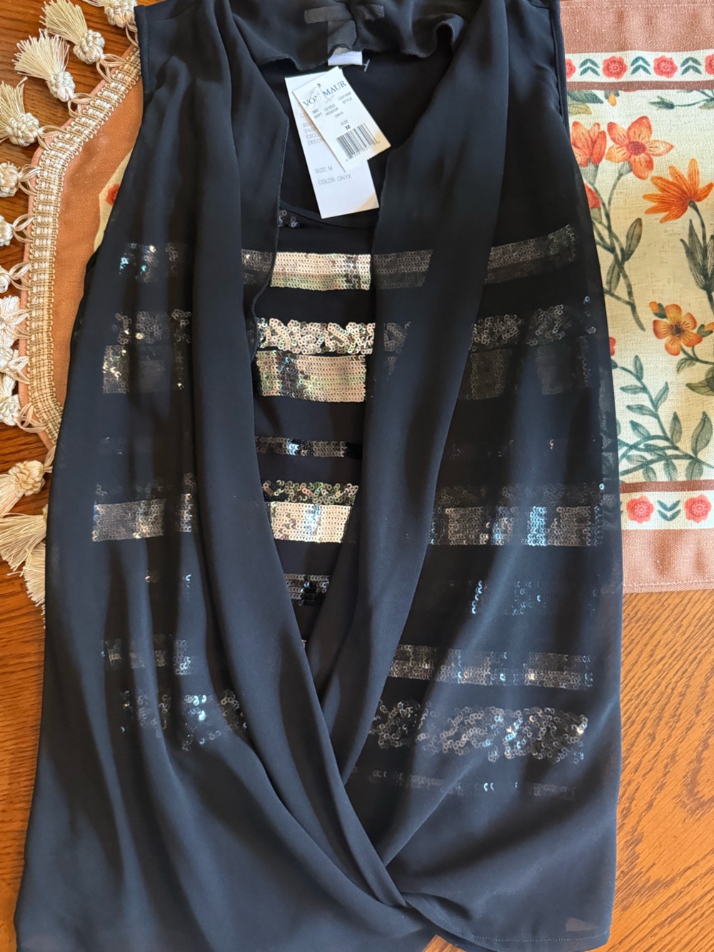 Black Sequin Accent Drape top